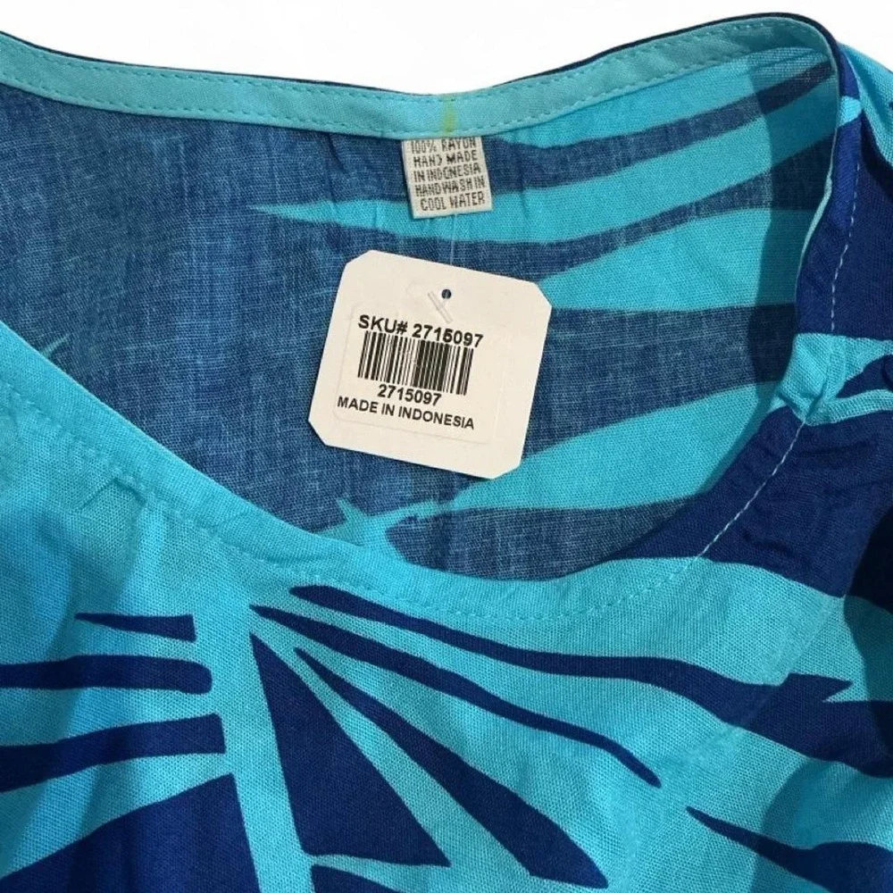 Unbranded Kaftan Top Womens‎ L Blue Turquoise Like New Tropical Palm Tassels